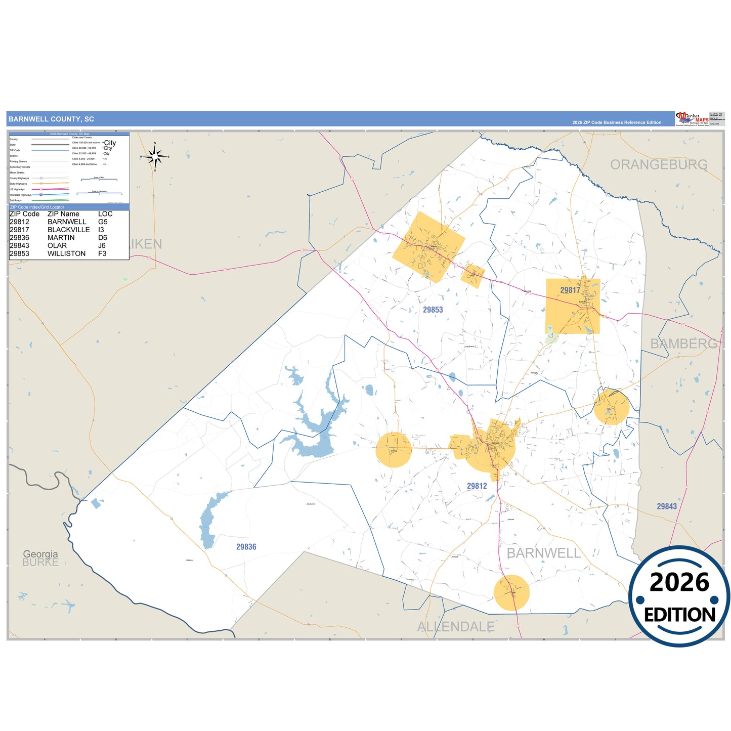 Barnwell County, SC Business Reference 5 Digit ZIP Code Wall Map