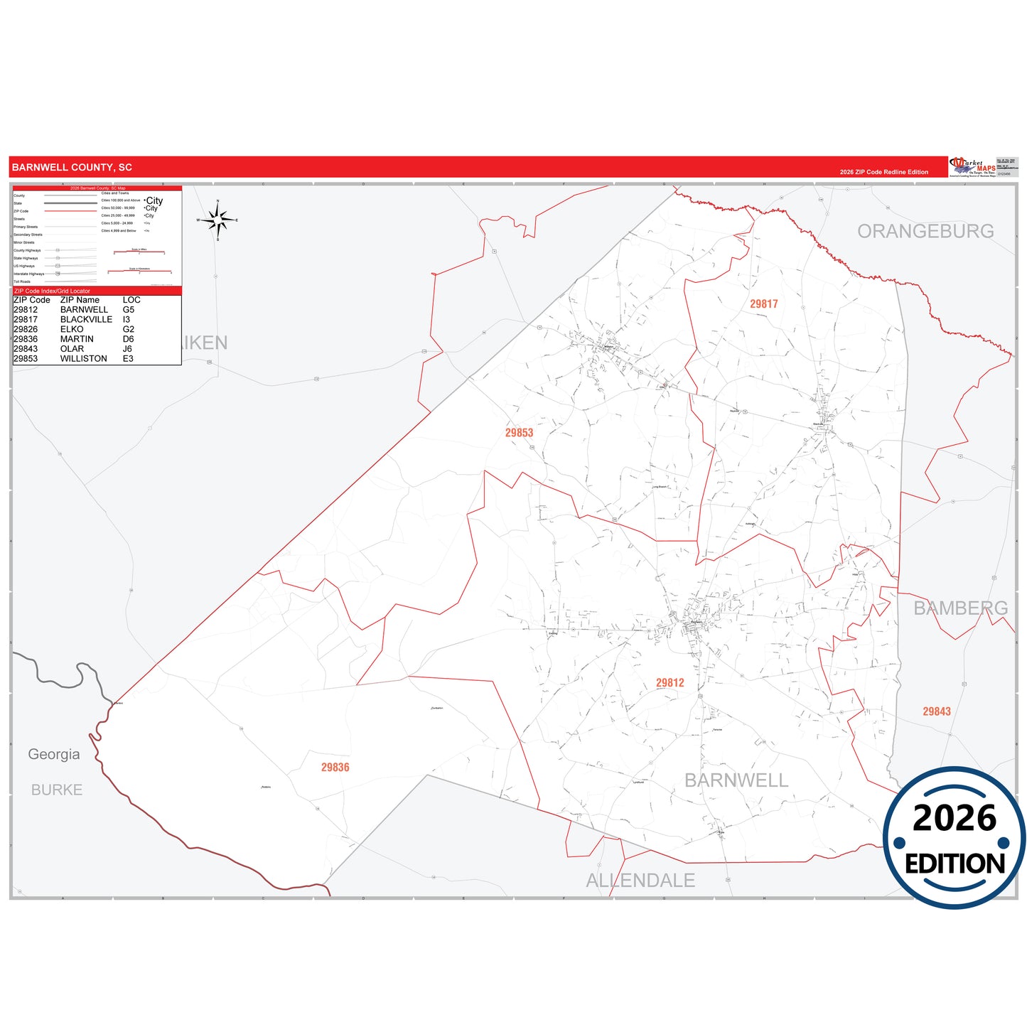 Barnwell County, SC Red Line 5 Digit ZIP Code Wall Map