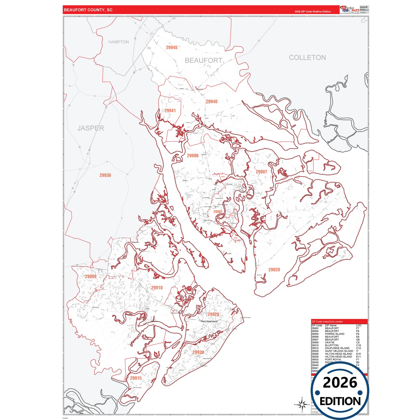 Beaufort County, SC Red Line 5 Digit ZIP Code Wall Map