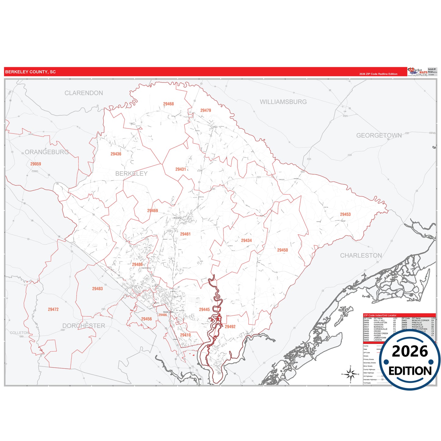 Berkeley County, SC Red Line map with detailed roads, cities, and ZIP code boundaries.