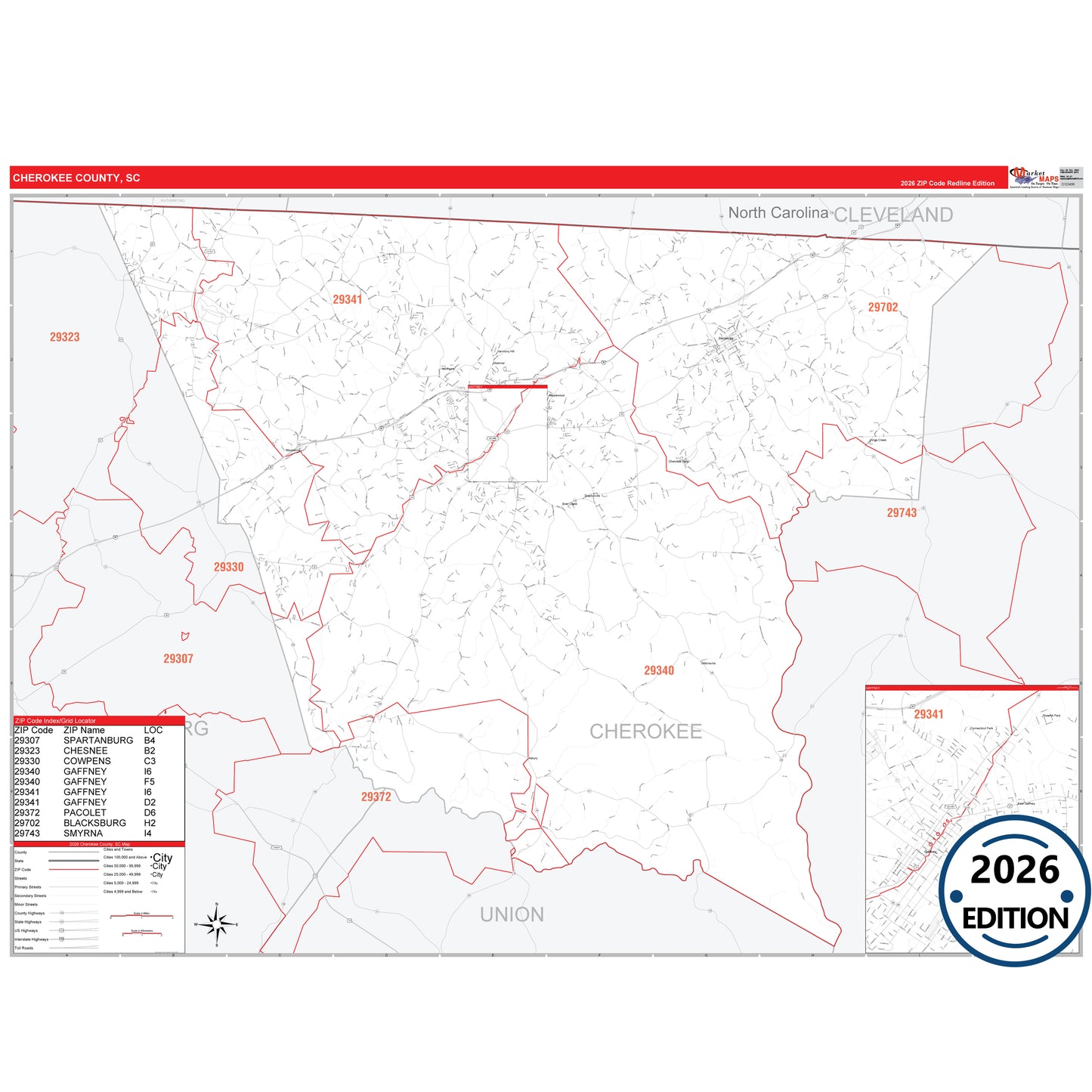 Cherokee County, SC Red Line 5 Digit ZIP Code Wall Map