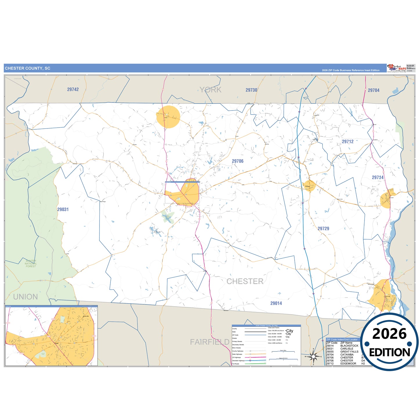 Chester County, SC Business Reference 5 Digit ZIP Code Wall Map
