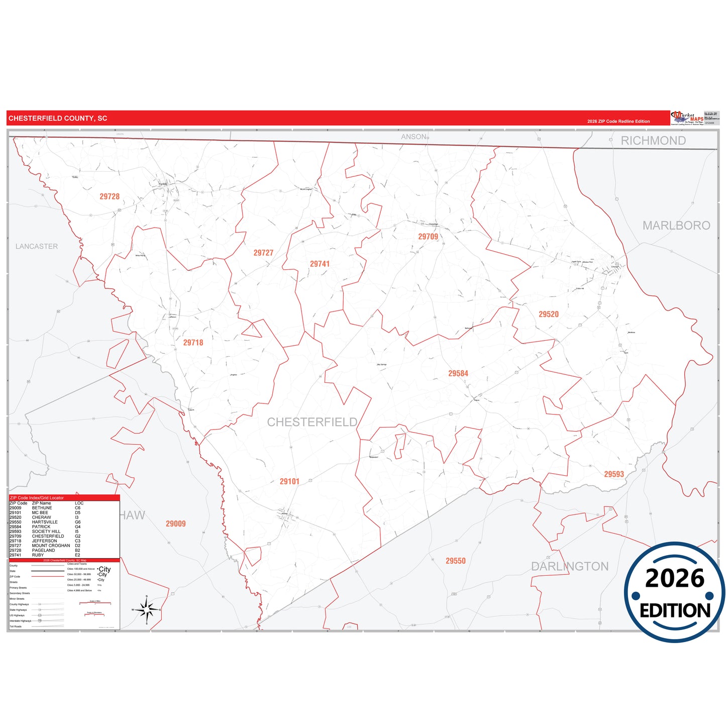 Chesterfield County, SC Red Line 5 Digit ZIP Code Wall Map