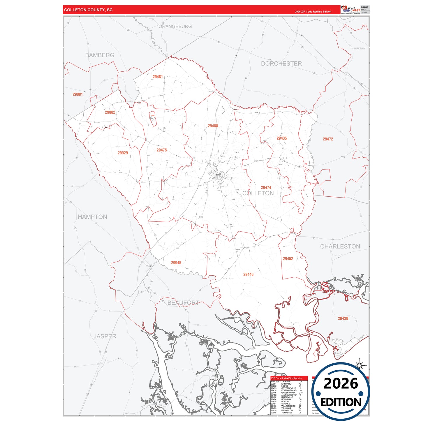 Colleton County, SC Red Line 5 Digit ZIP Code Wall Map