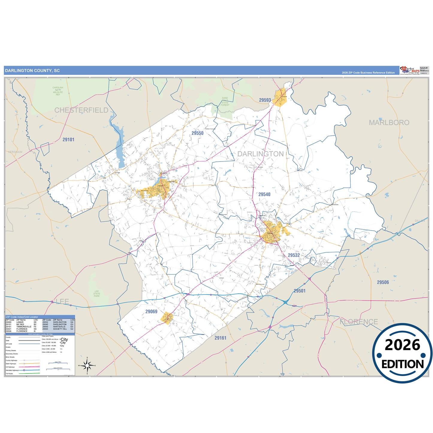 Darlington County, SC Business Reference 5 Digit ZIP Code Wall Map