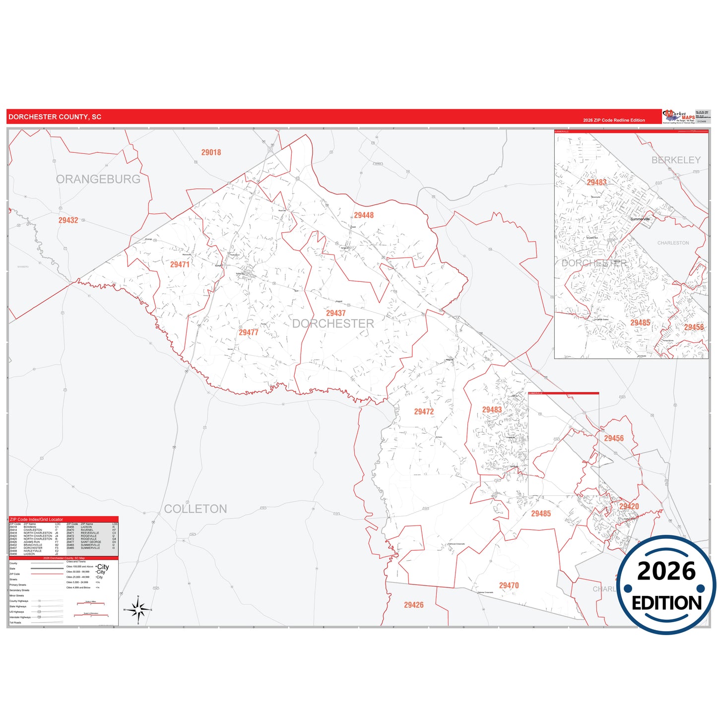 Dorchester County, SC Red Line 5 Digit ZIP Code Wall Map