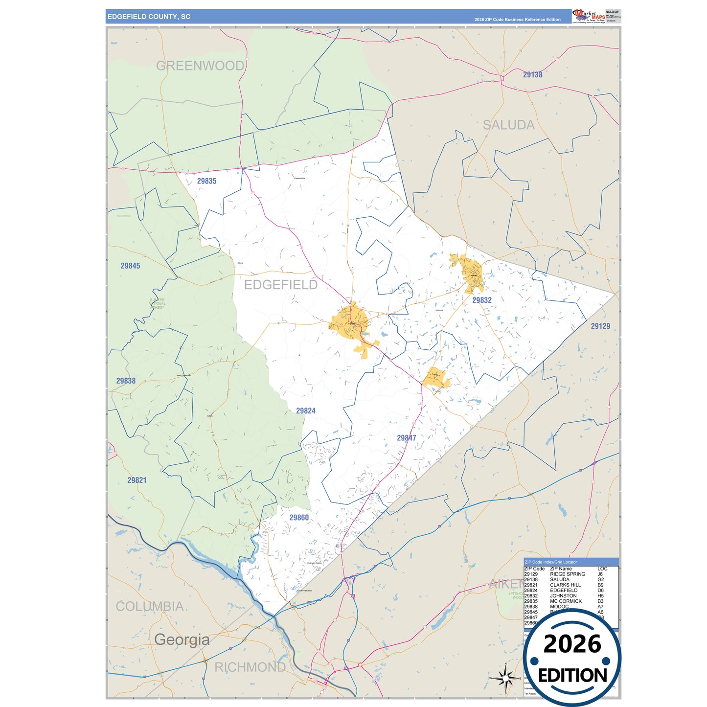 Edgefield County, SC Business Reference 5 Digit ZIP Code Wall Map