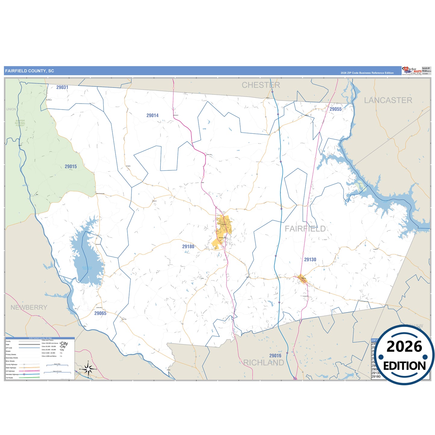 Fairfield County, SC Business Reference 5 Digit ZIP Code Wall Map