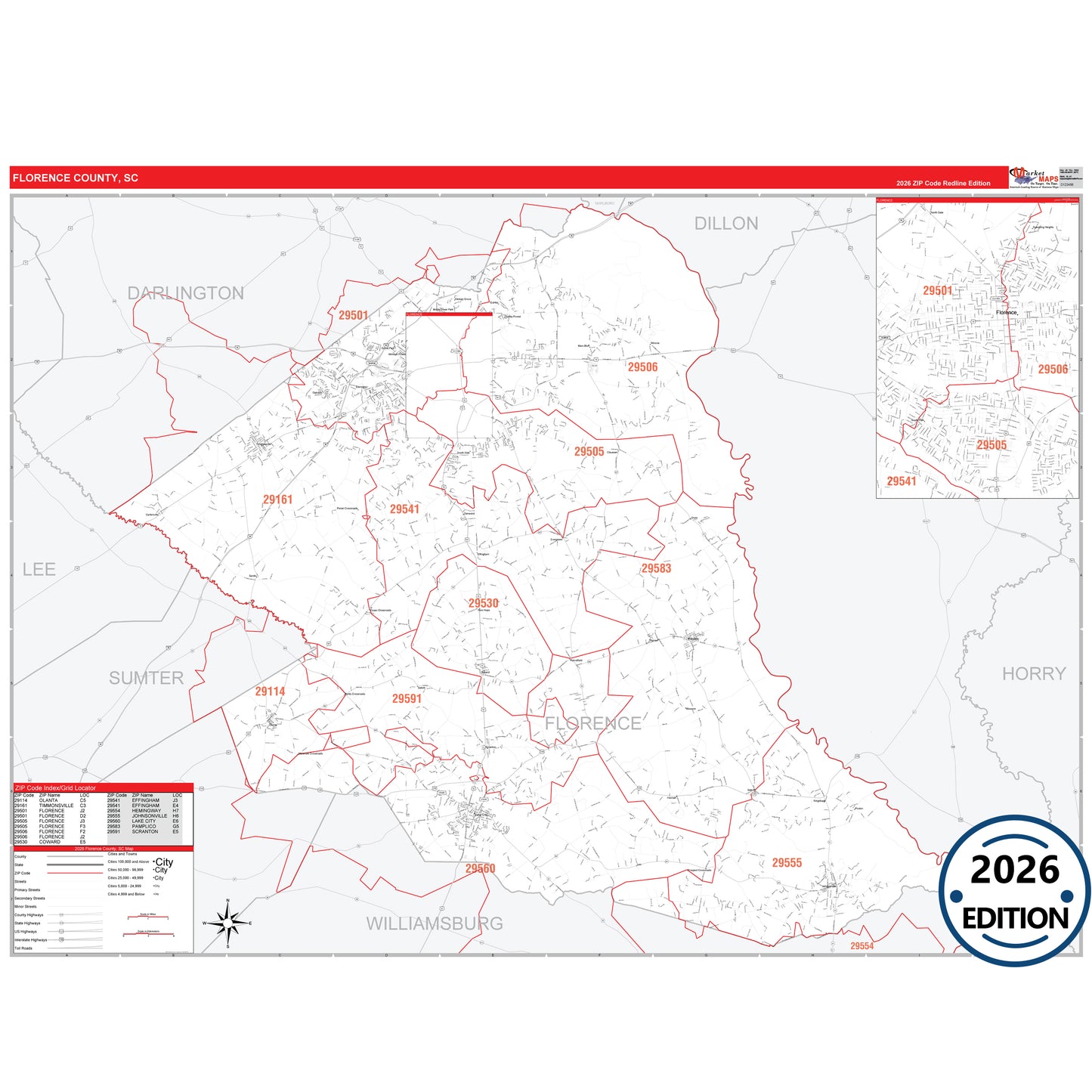 Florence County, SC Red Line 5 Digit ZIP Code Wall Map
