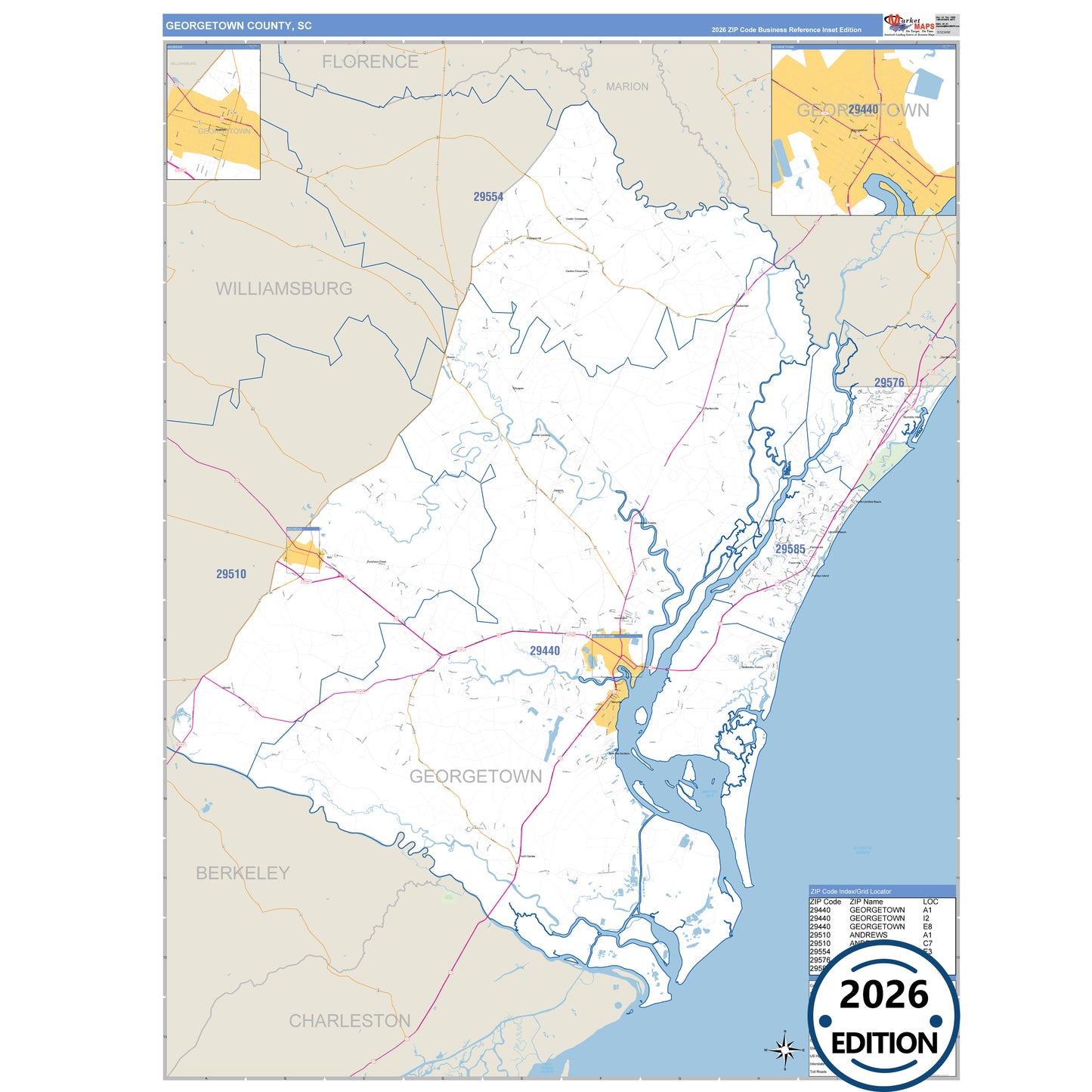 Georgetown County, SC Business Reference 5 Digit ZIP Code Wall Map