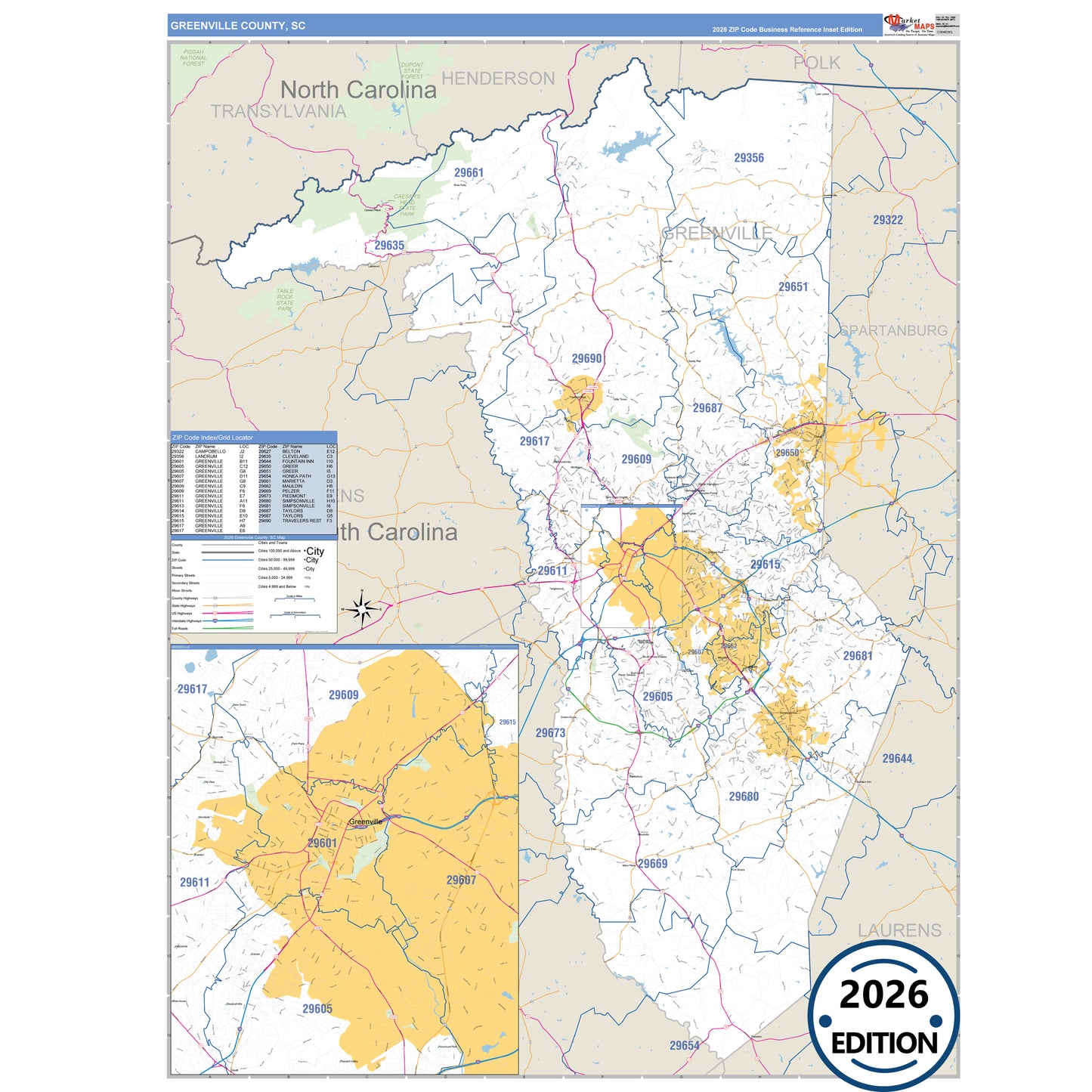 Greenville County, SC Business Reference 5 Digit ZIP Code Wall Map