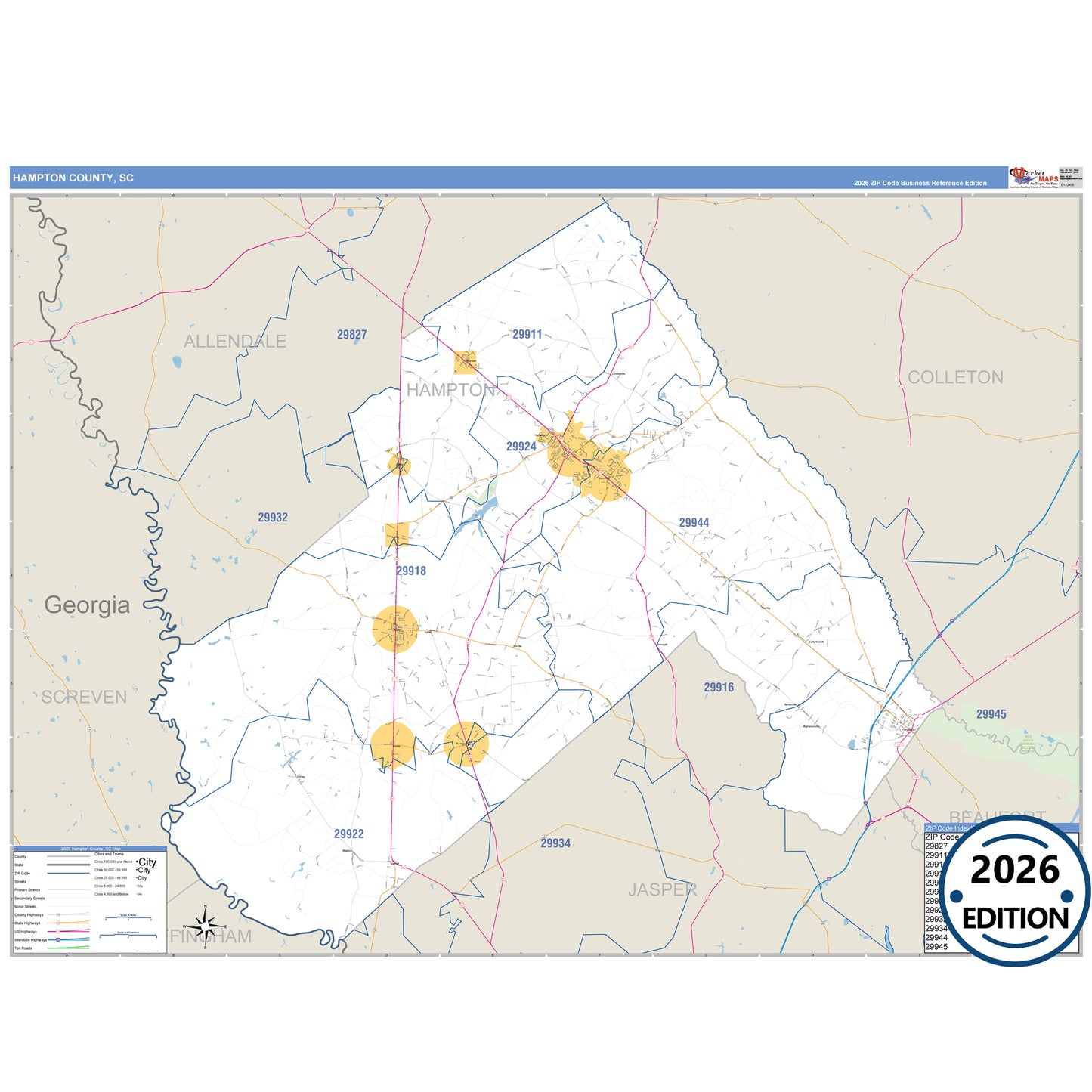Hampton County, SC Business Reference 5 Digit ZIP Code Wall Map
