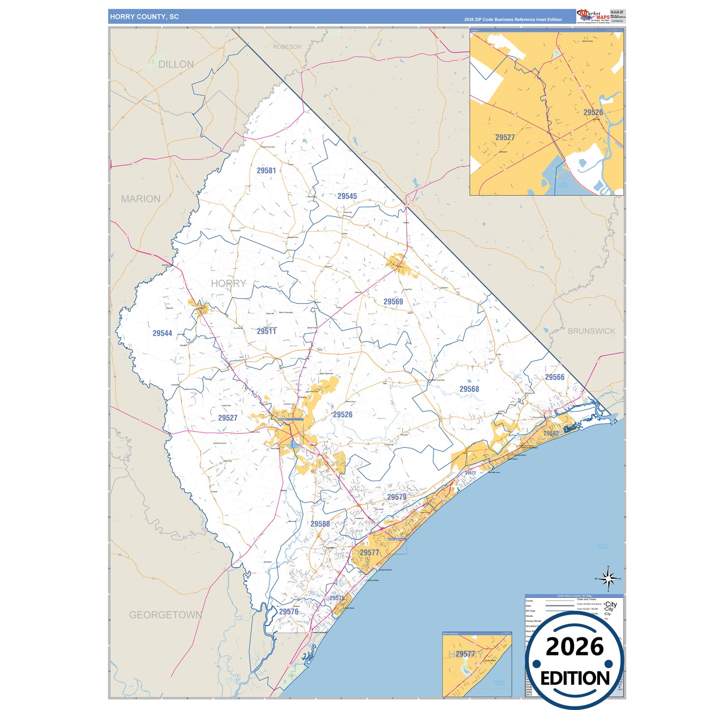 Horry County, SC Business Reference 5 Digit ZIP Code Wall Map