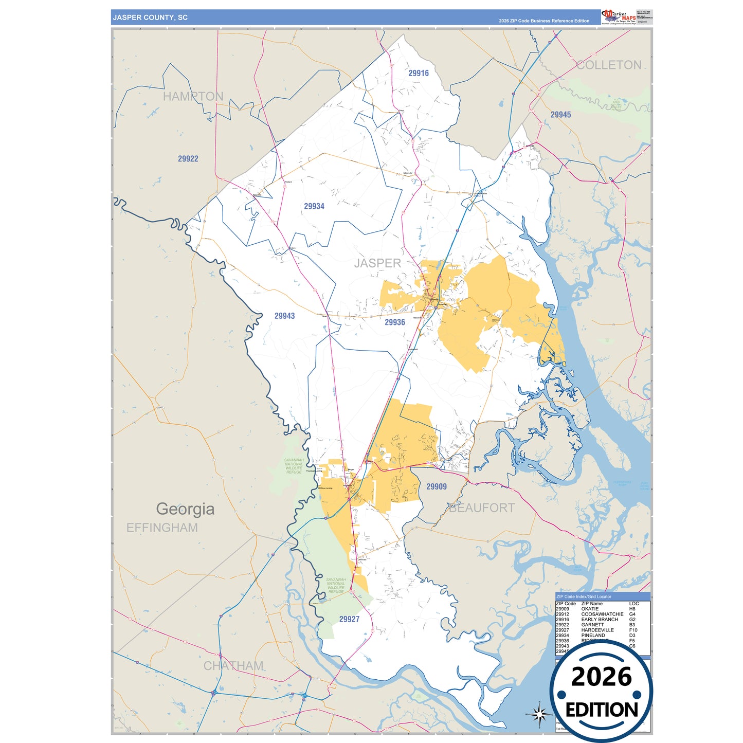 Jasper County, SC Business Reference 5 Digit ZIP Code Wall Map