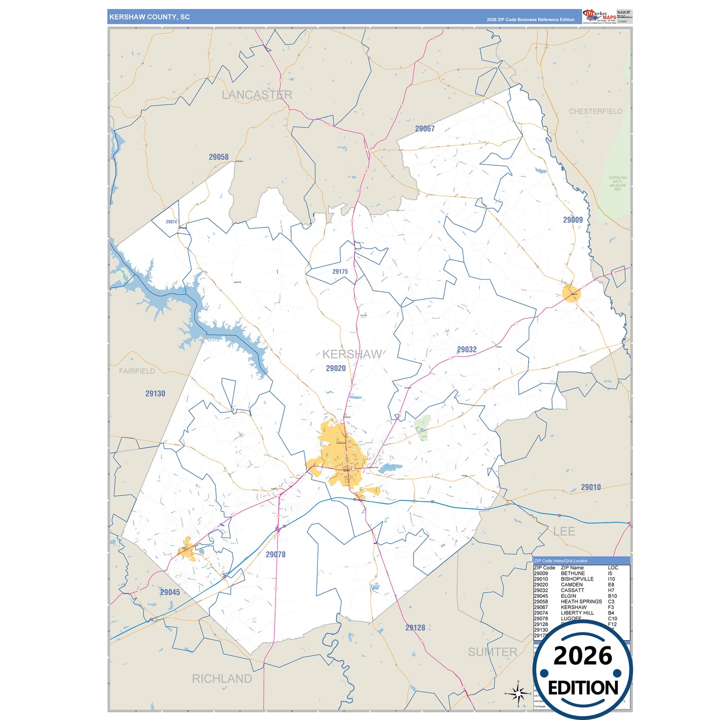 Kershaw County, SC Business Reference 5 Digit ZIP Code Wall Map