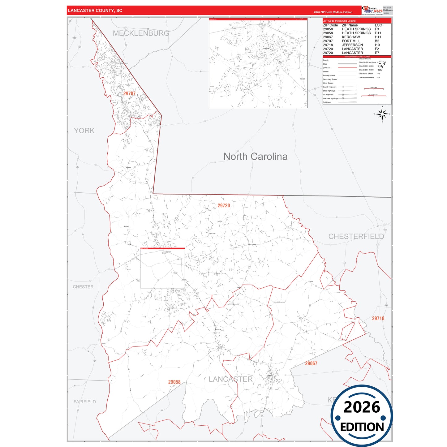 Lancaster County, SC Red Line 5 Digit ZIP Code Wall Map