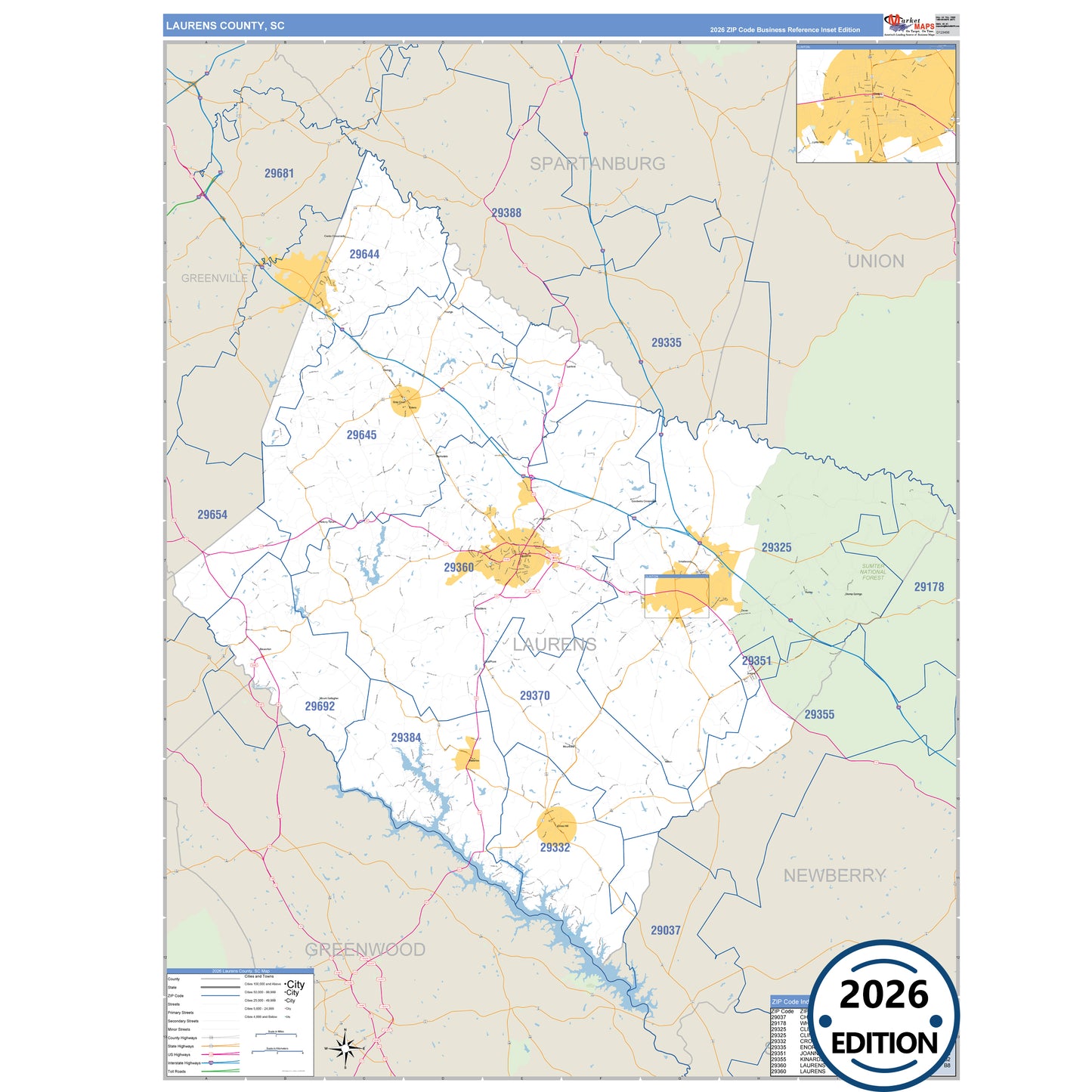 Laurens County, SC Business Reference 5 Digit ZIP Code Wall Map