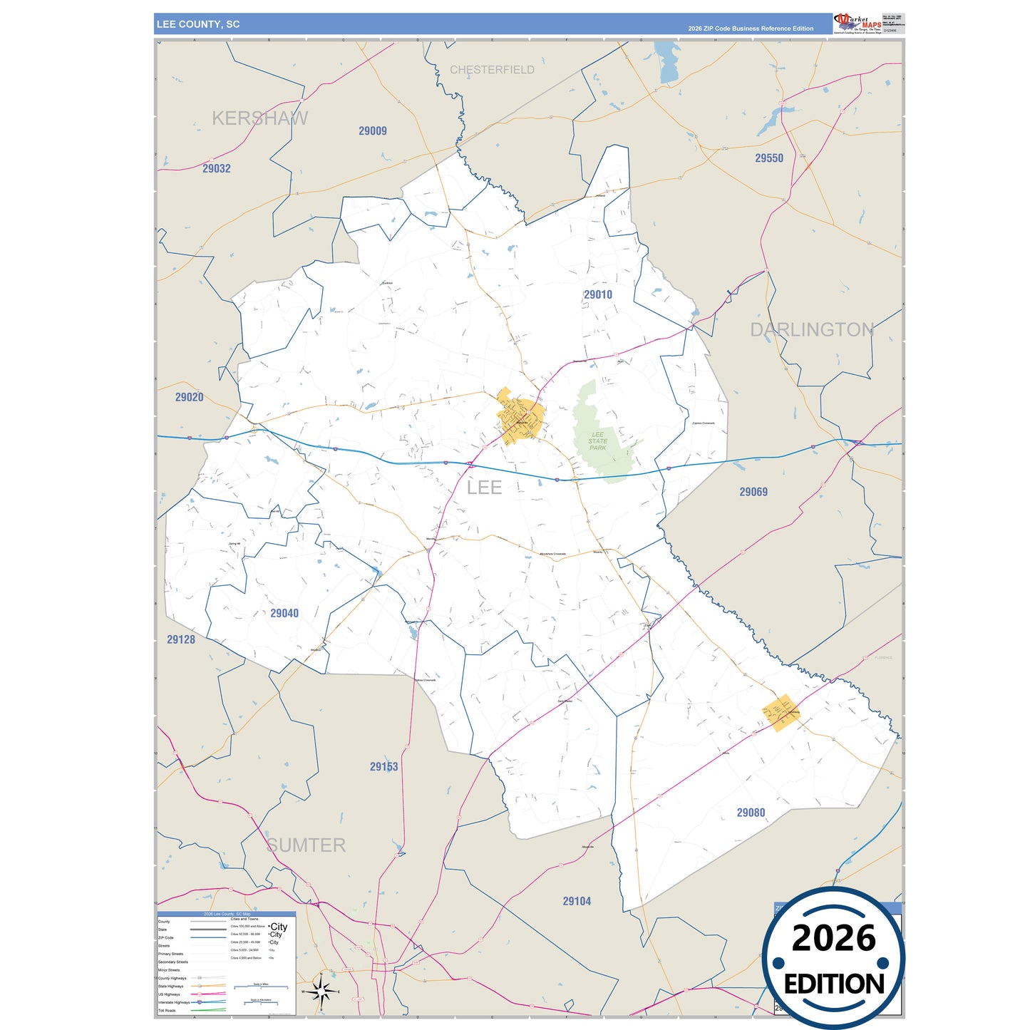Lee County, SC Business Reference 5 Digit ZIP Code Wall Map