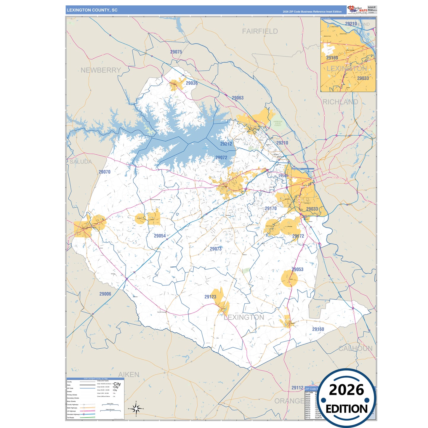 Lexington County, SC Business Reference 5 Digit ZIP Code Wall Map