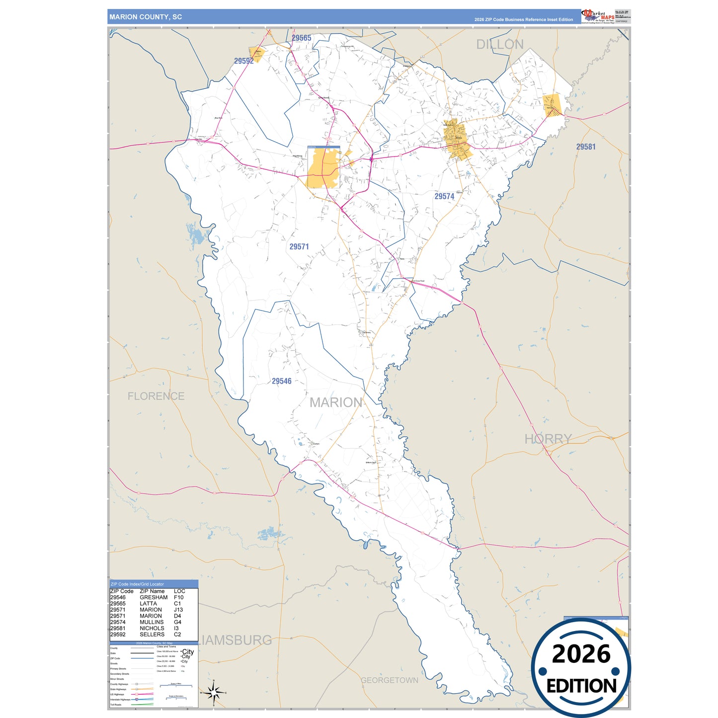 Marion County, SC Business Reference 5 Digit ZIP Code Wall Map
