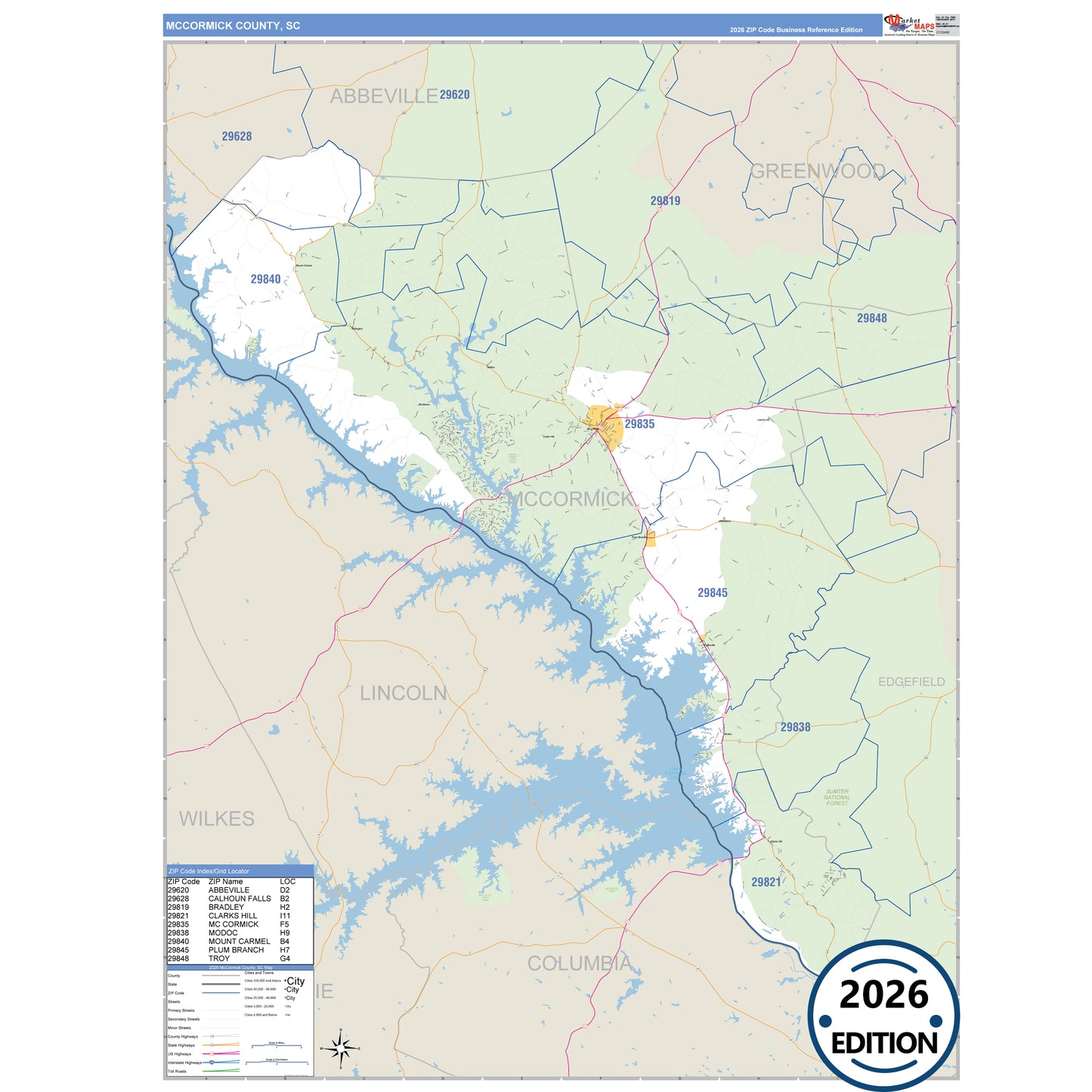McCormick County, SC Business Reference 5 Digit ZIP Code Wall Map