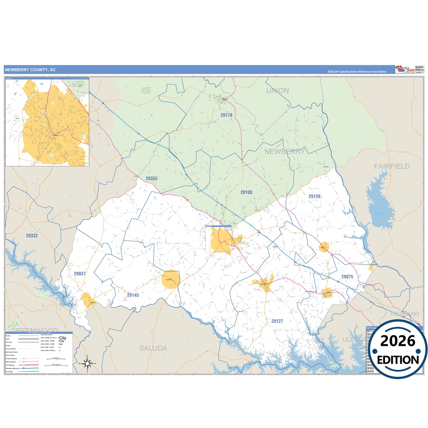Newberry County, SC Business Reference 5 Digit ZIP Code Wall Map