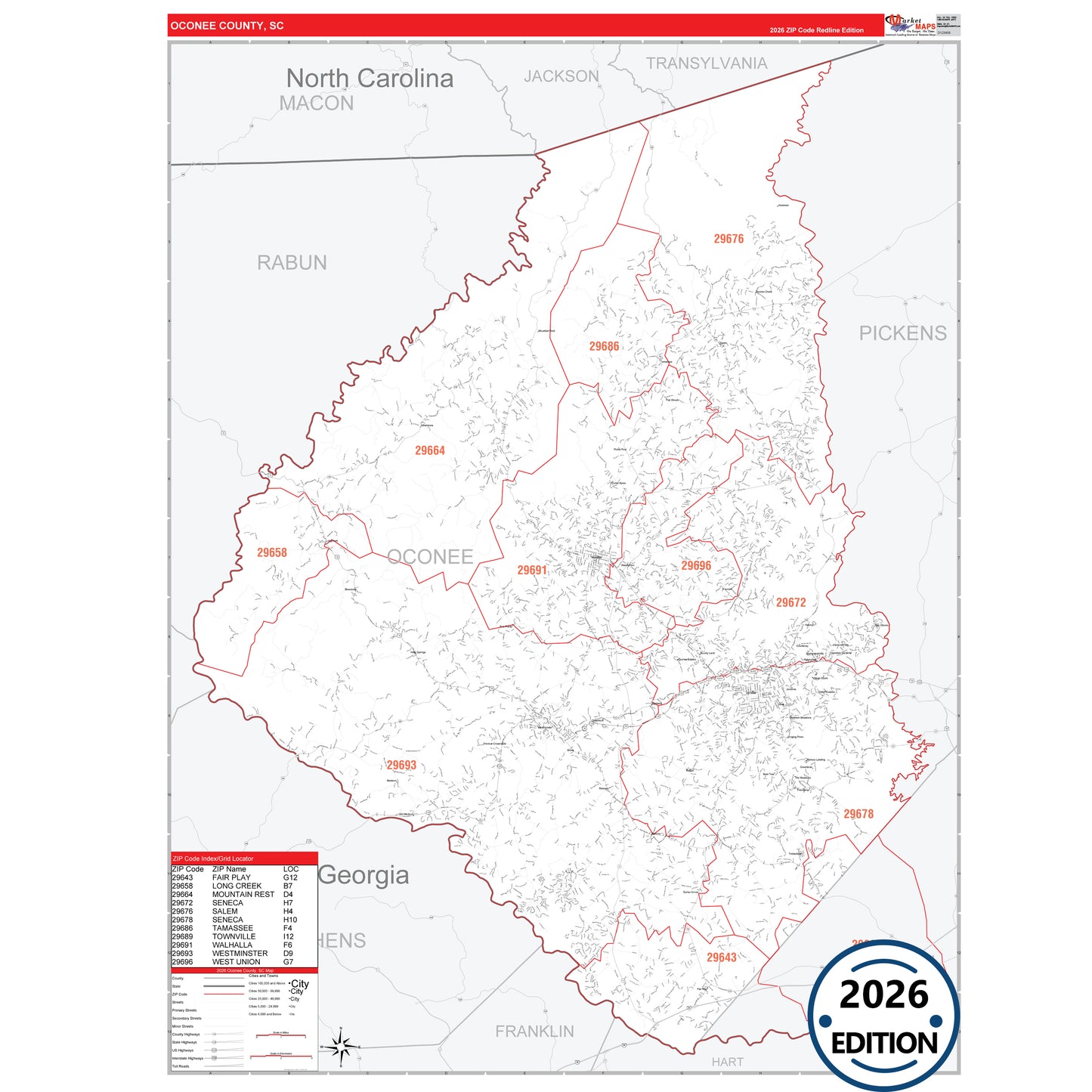 Oconee County, SC Red Line 5 Digit ZIP Code Wall Map