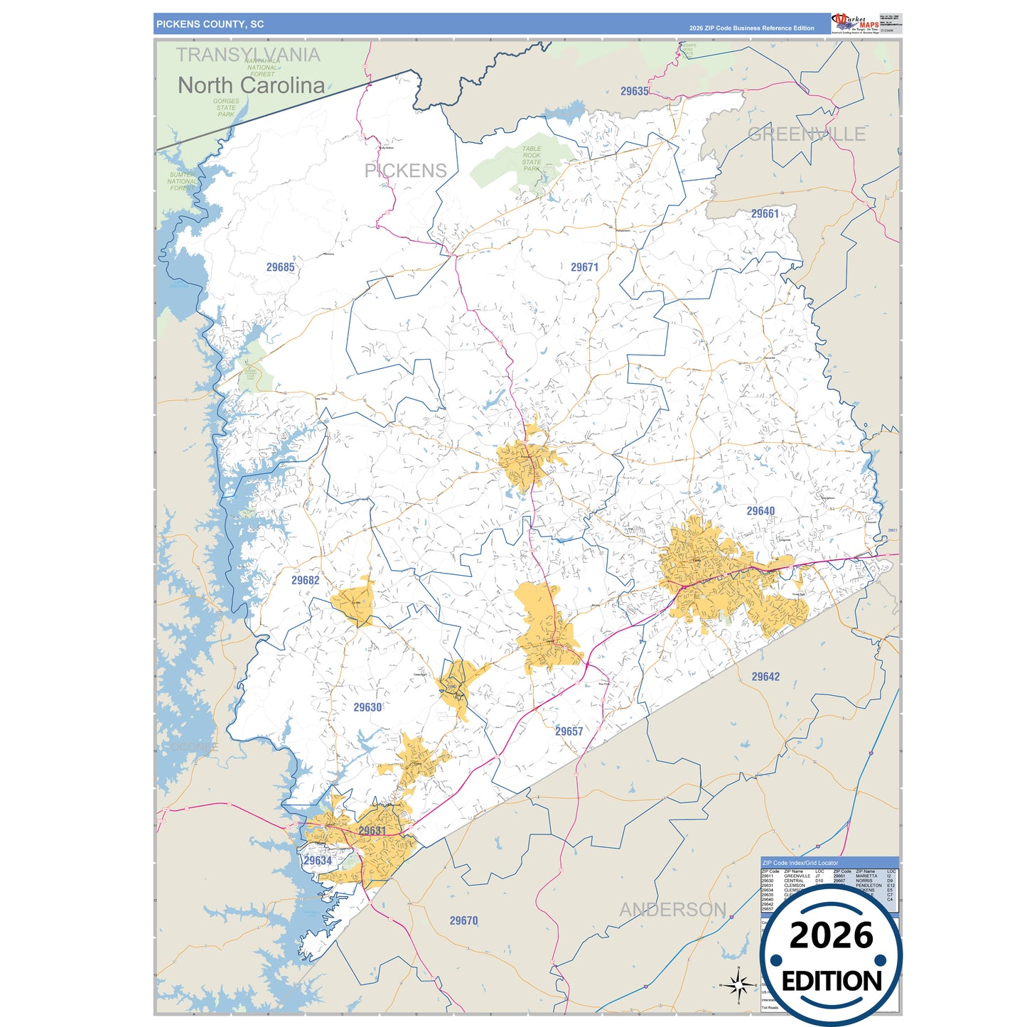Pickens County, SC Business Reference 5 Digit ZIP Code Wall Map