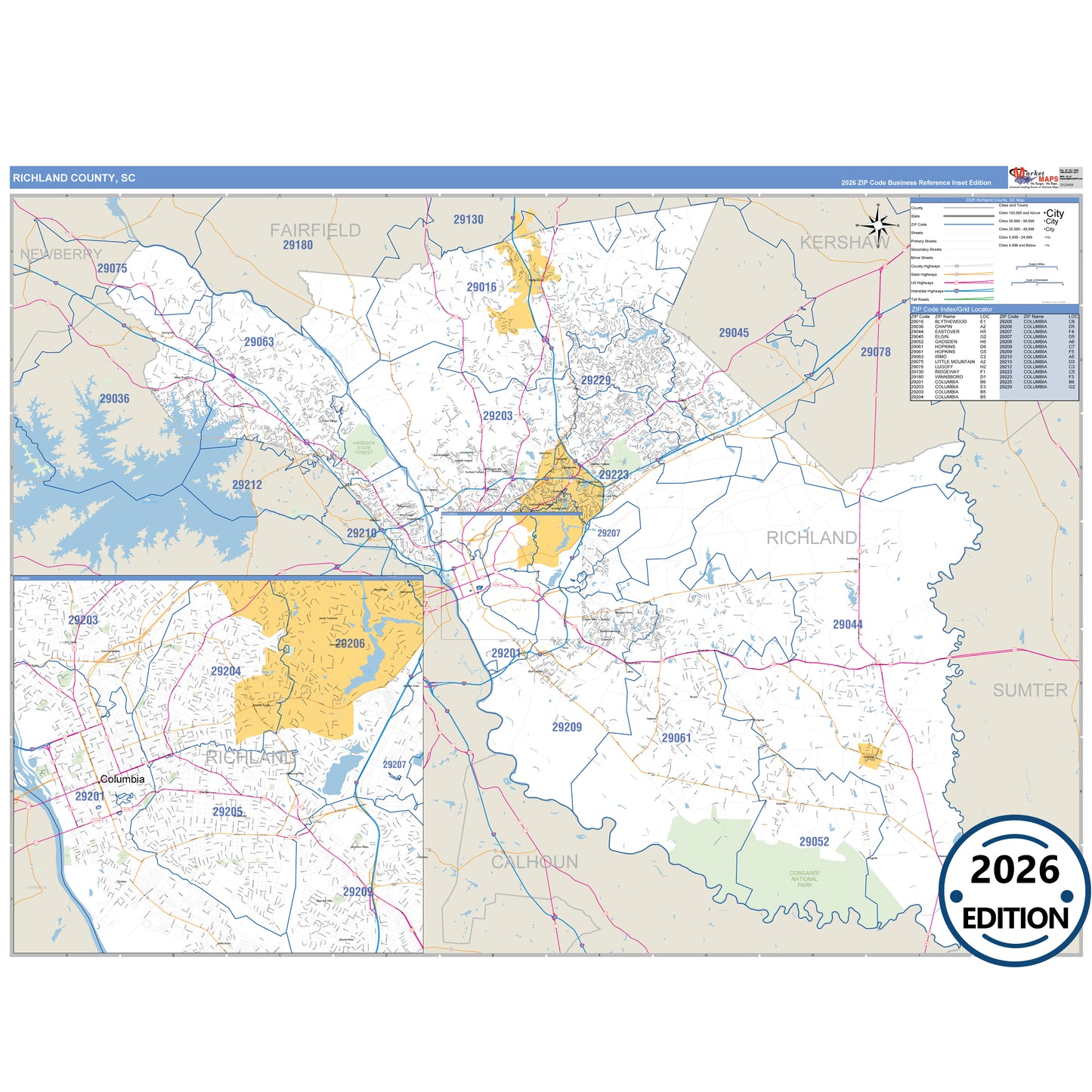 Richland County, SC Business Reference 5 Digit ZIP Code Wall Map