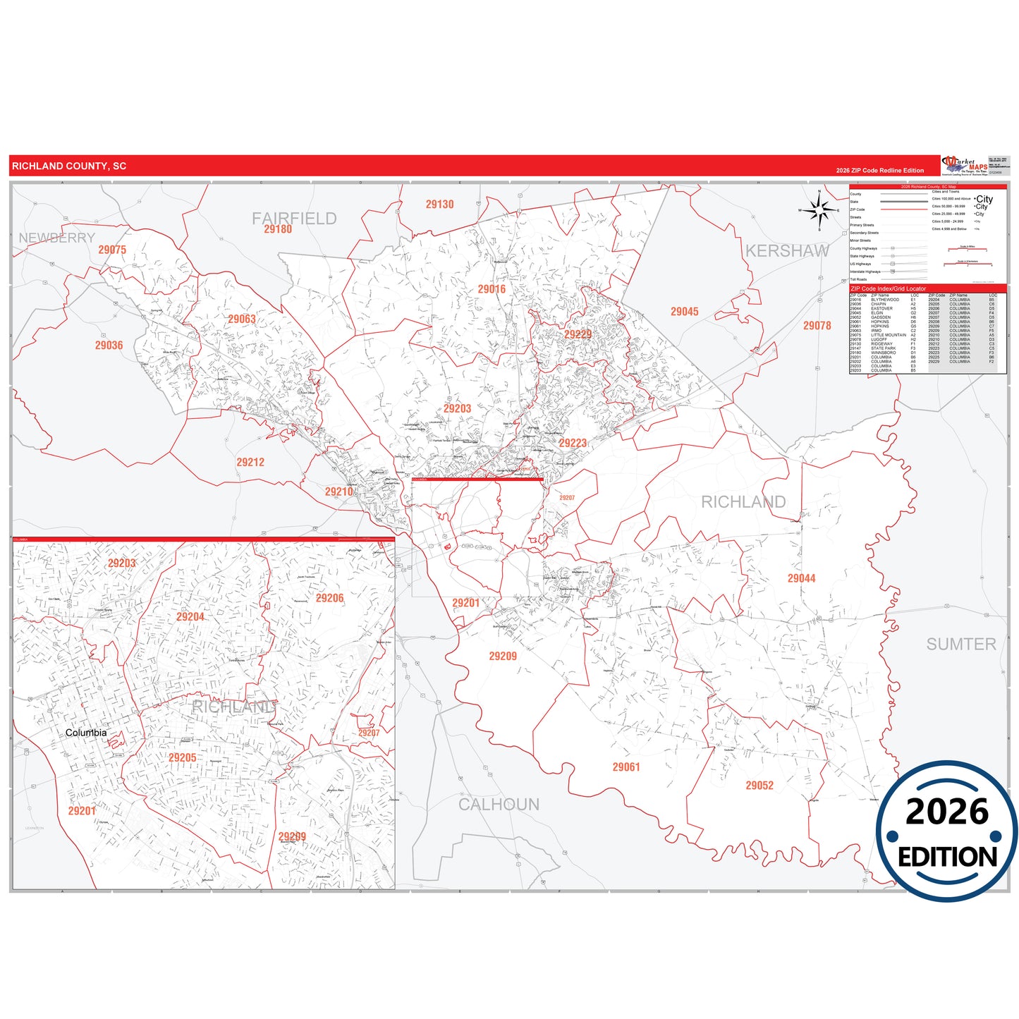 Richland County, SC Red Line 5 Digit ZIP Code Wall Map