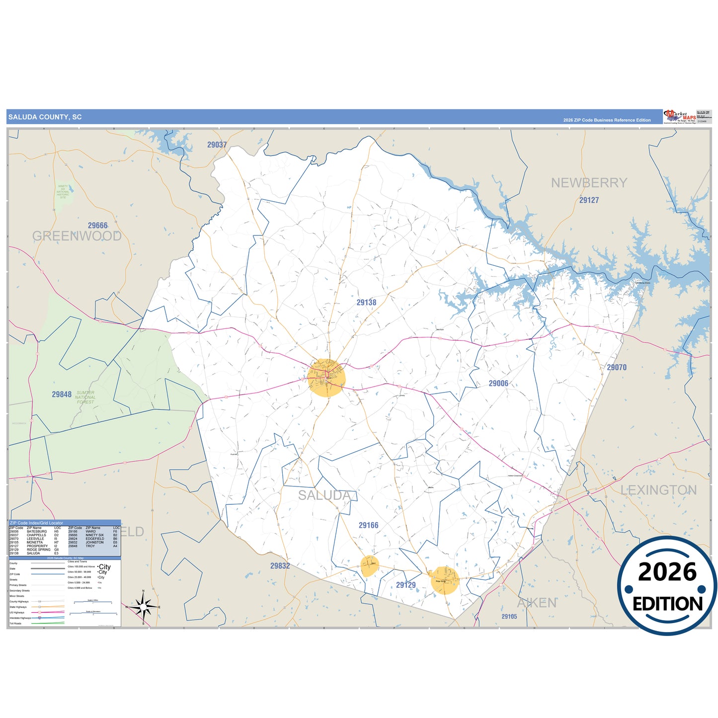 Saluda County, SC Business Reference 5 Digit ZIP Code Wall Map