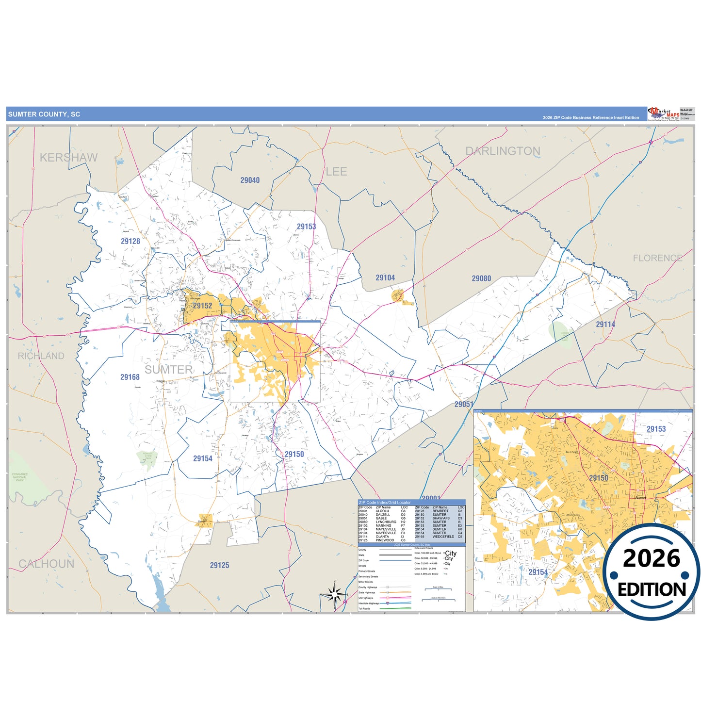 Sumter County, SC Business Reference 5 Digit ZIP Code Wall Map