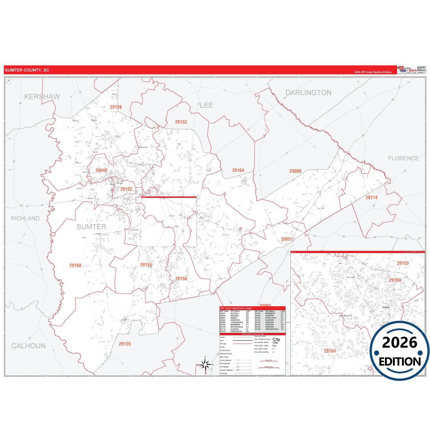 Sumter County, SC Red Line 5 Digit ZIP Code Wall Map