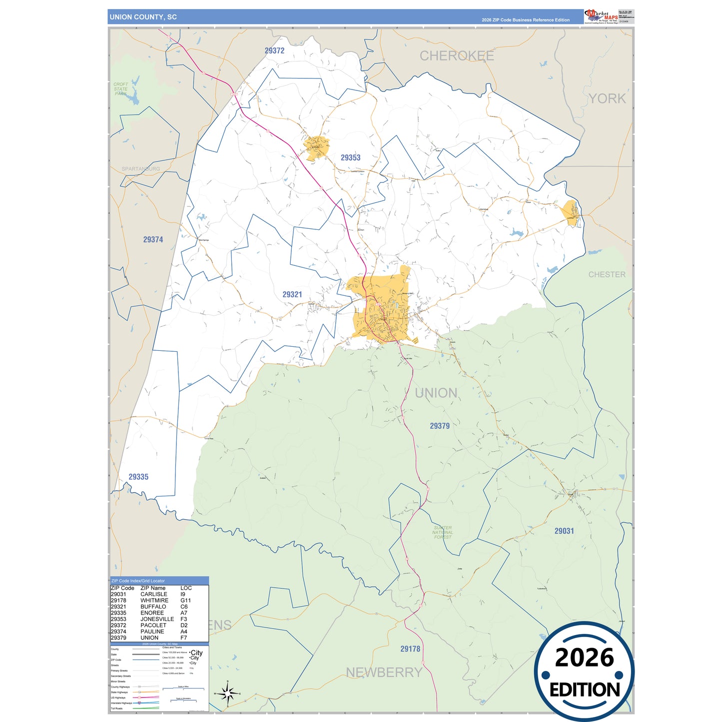 Union County, SC Business Reference 5 Digit ZIP Code Wall Map