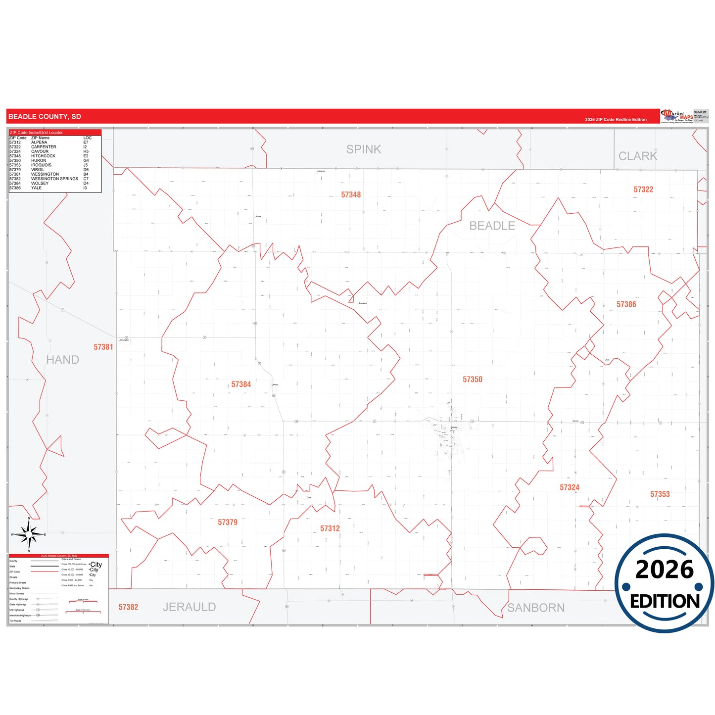 Beadle County, SD Red Line 5 Digit ZIP Code Wall Map