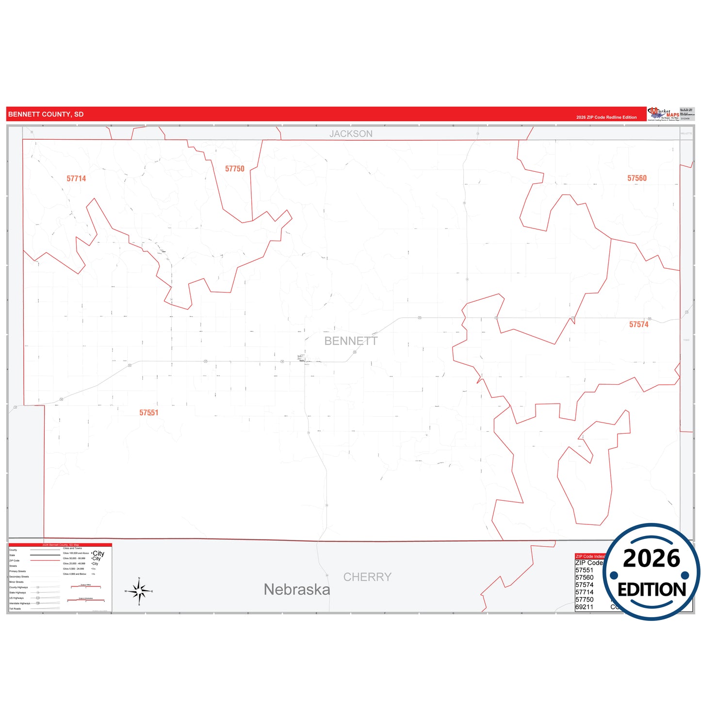 Bennett County, SD Red Line 5 Digit ZIP Code Wall Map