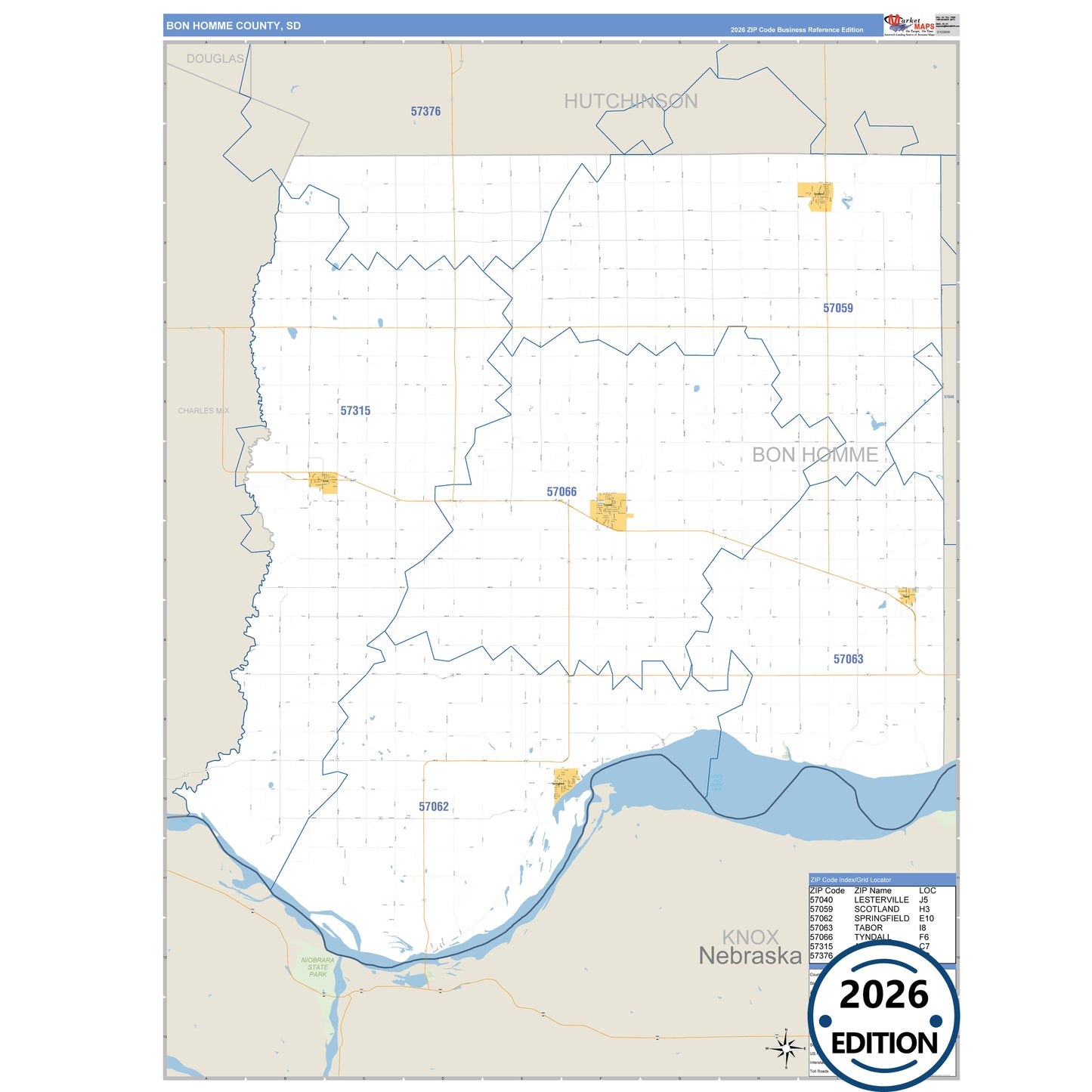Bon Homme County, SD Business Reference 5 Digit ZIP Code Wall Map