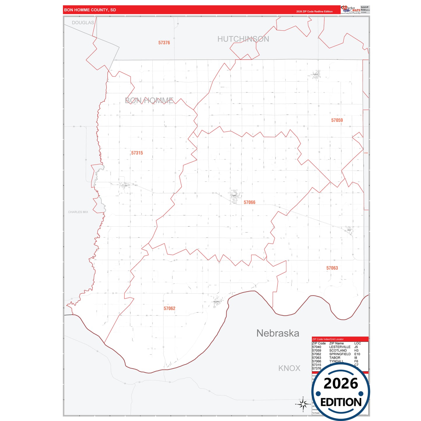 Bon Homme County, SD Red Line 5 Digit ZIP Code Wall Map