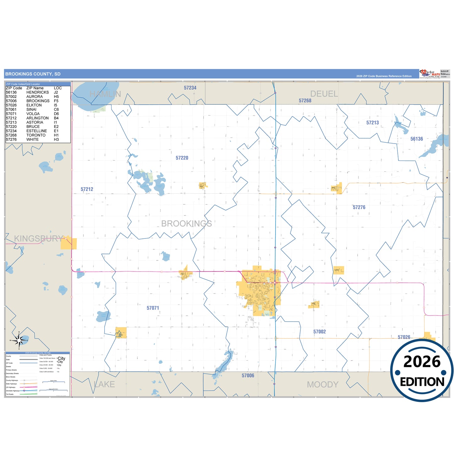 Brookings County, SD Business Reference 5 Digit ZIP Code Wall Map