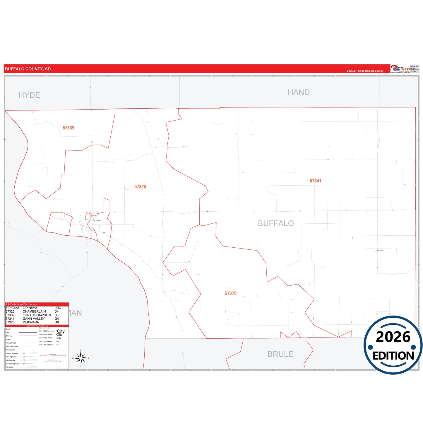 Buffalo County, SD Red Line 5 Digit ZIP Code Wall Map