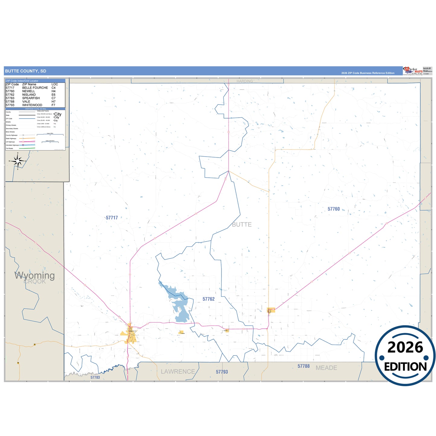 Butte County, SD Business Reference 5 Digit ZIP Code Wall Map