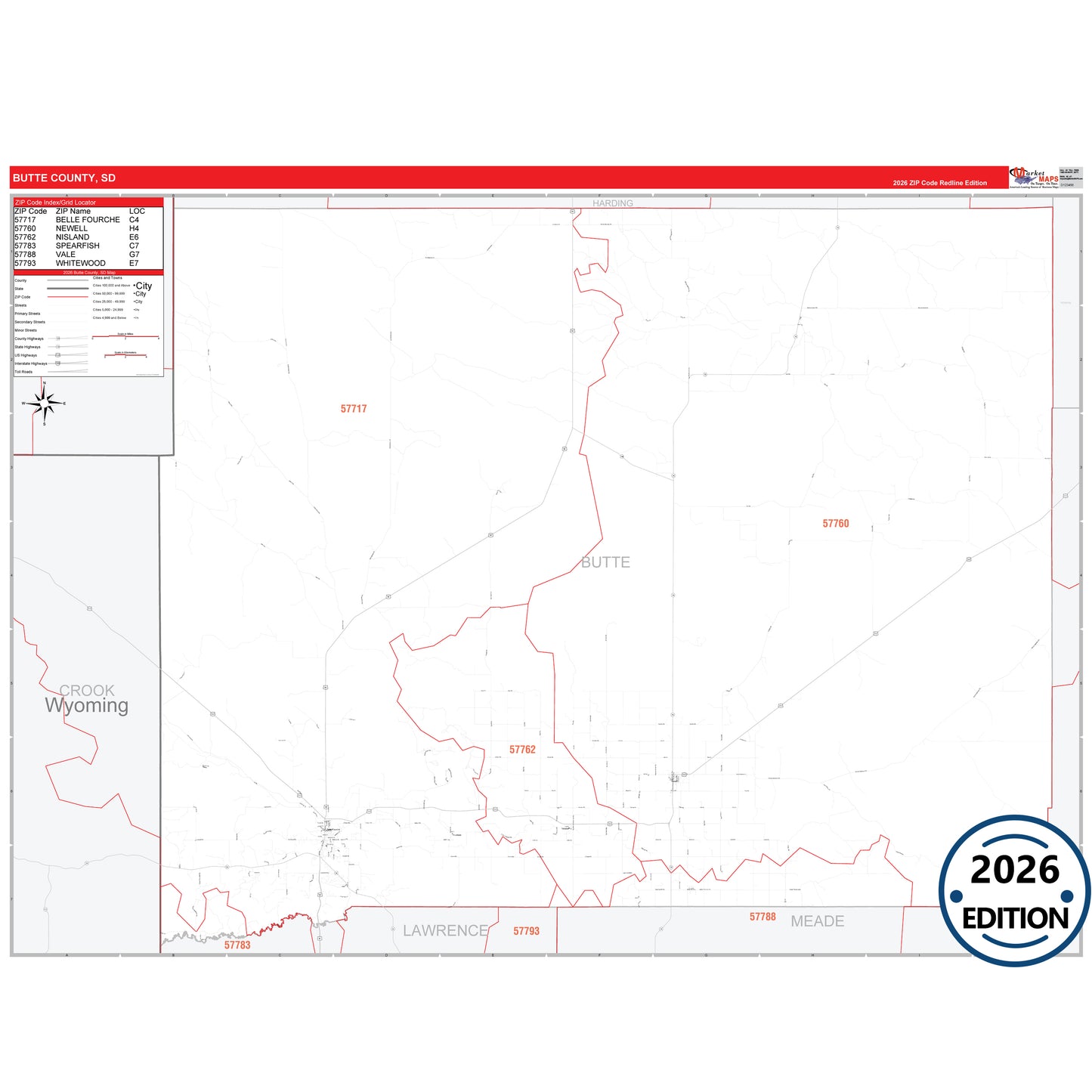 Butte County, SD Red Line 5 Digit ZIP Code Wall Map