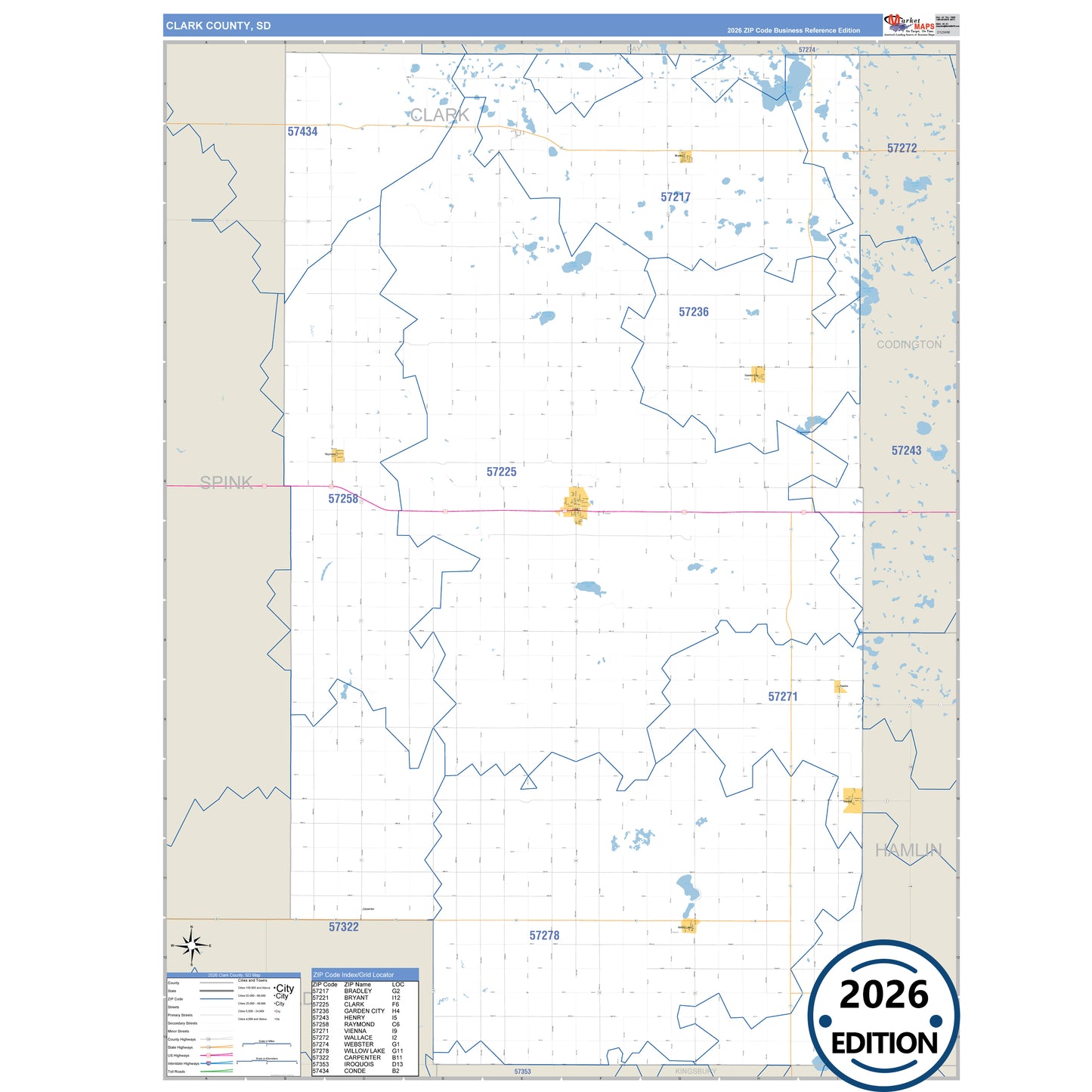 Clark County, SD Business Reference 5 Digit ZIP Code Wall Map