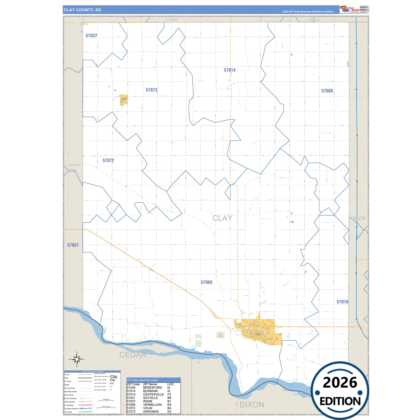 Clay County, SD Business Reference 5 Digit ZIP Code Wall Map