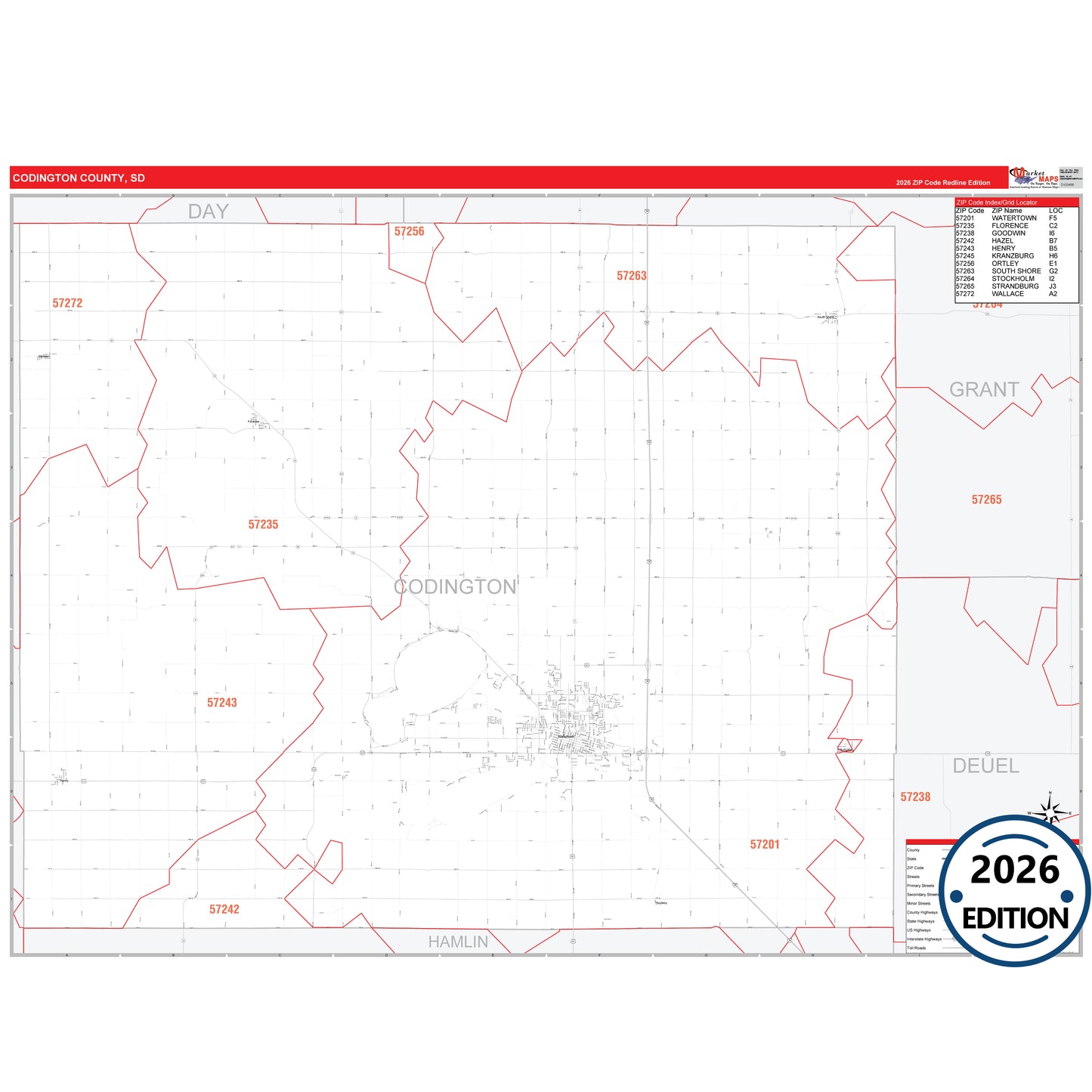 Codington County, SD Red Line 5 Digit ZIP Code Wall Map