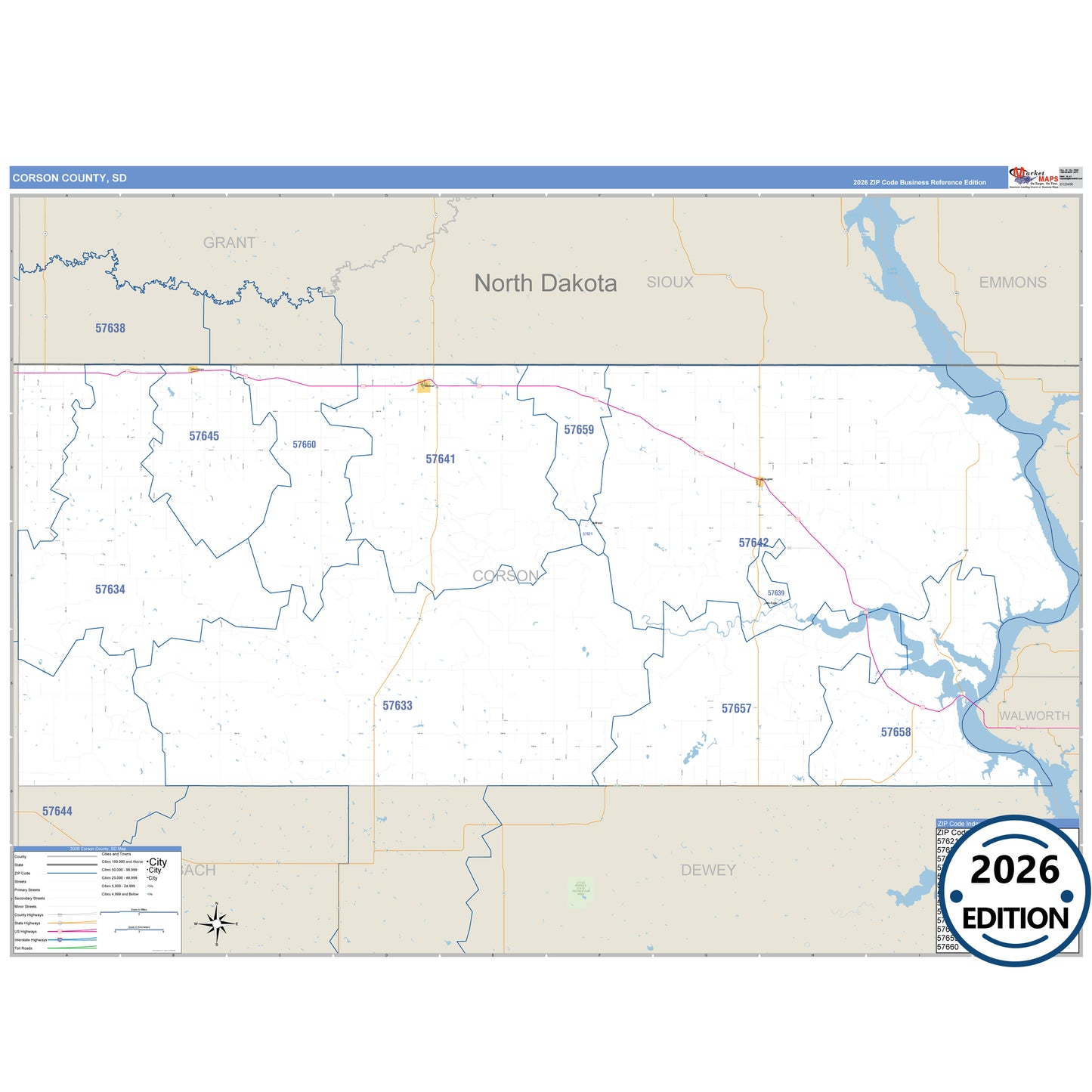 Corson County, SD Business Reference 5 Digit ZIP Code Wall Map