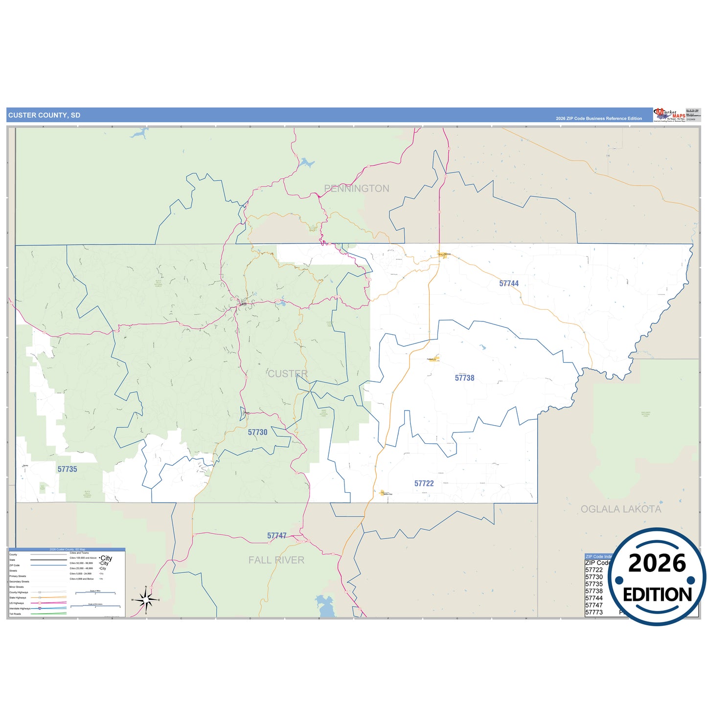 Custer County, SD Business Reference 5 Digit ZIP Code Wall Map