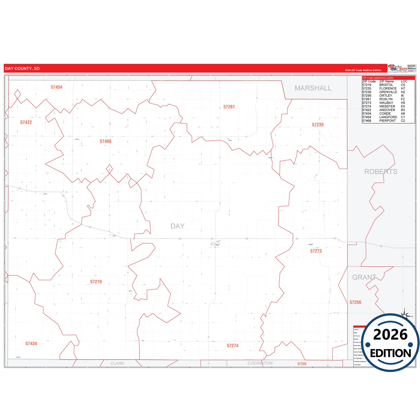 Day County, SD Red Line 5 Digit ZIP Code Wall Map
