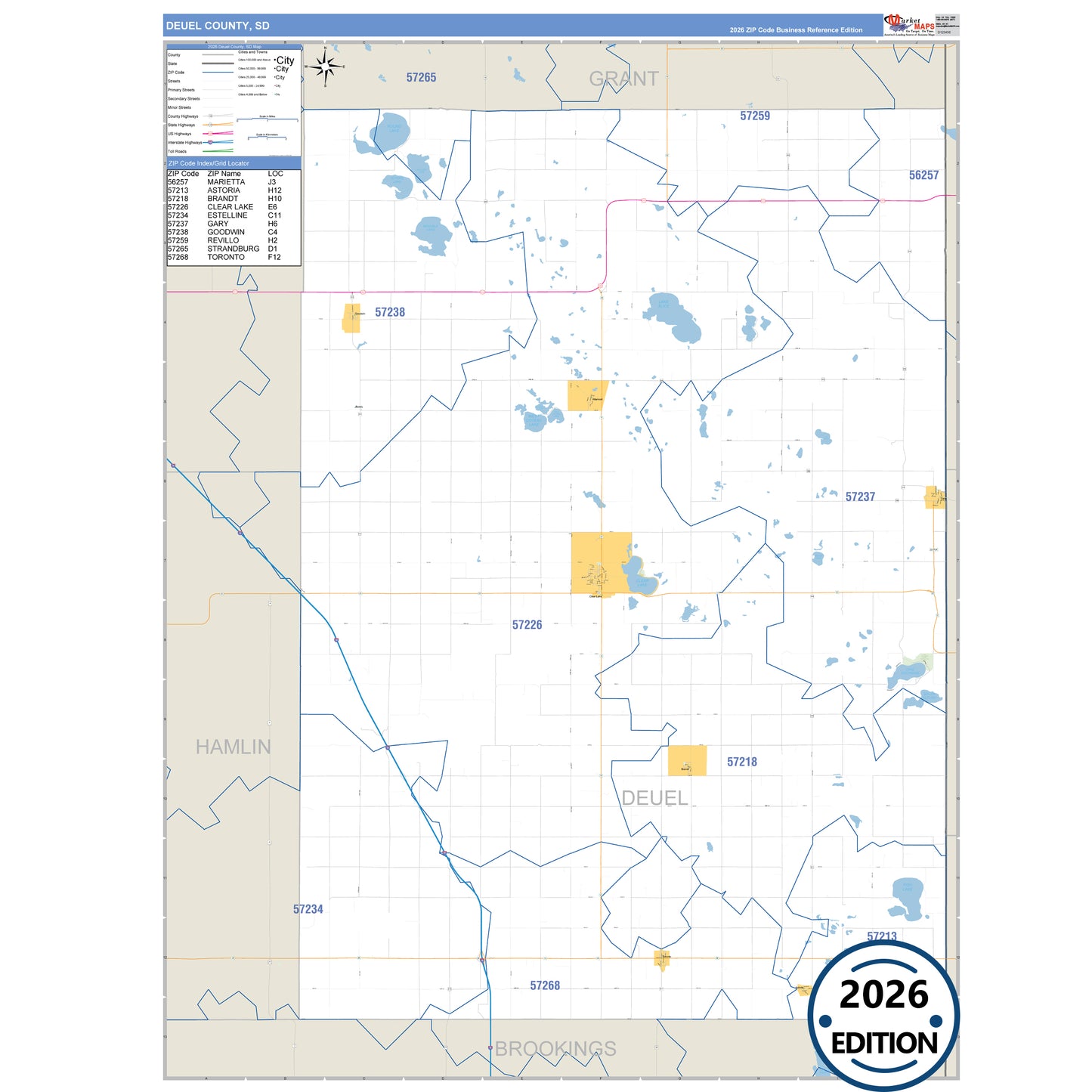 Deuel County, SD Business Reference 5 Digit ZIP Code Wall Map