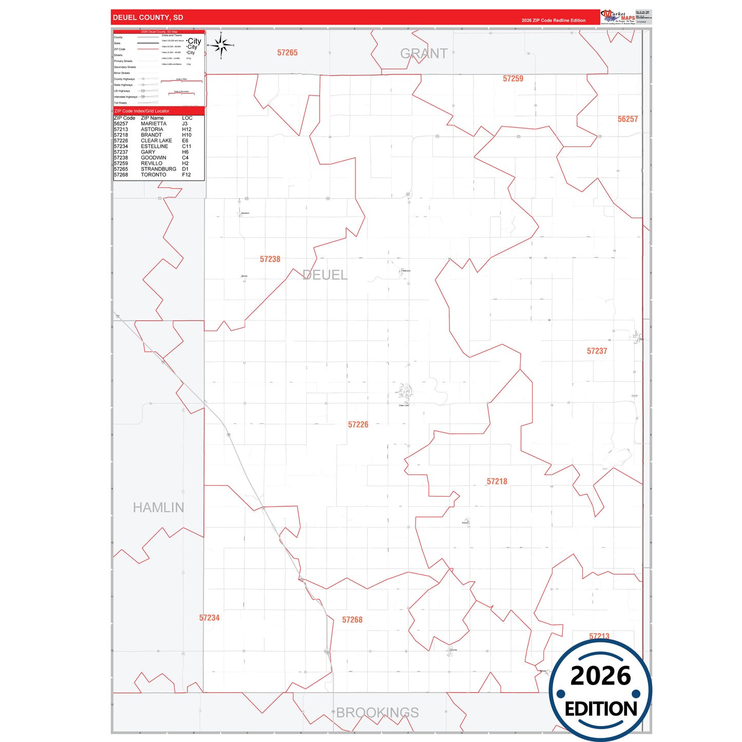 Deuel County, SD Red Line 5 Digit ZIP Code Wall Map